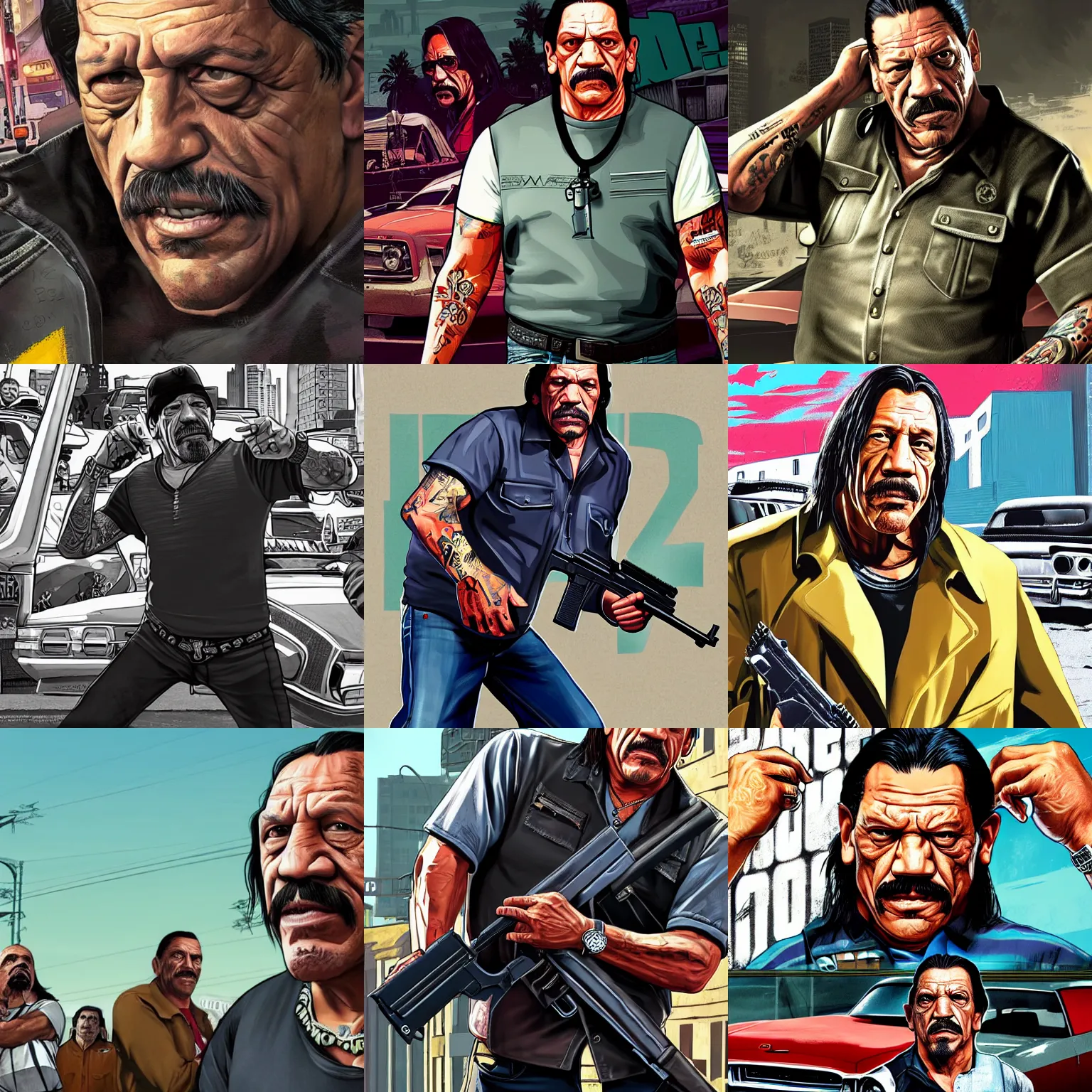 Prompt: danny trejo in gta v promotional art by stephen bliss, no text, very detailed, professional quality