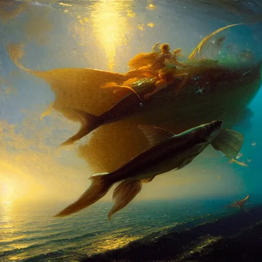 Image similar to point of view of deep in the ocean looking up, you see fishes, higher up you see the splendorous milk way illuminating the sea. highly detailed painting by gaston bussiere, greg rutkowski 8 k