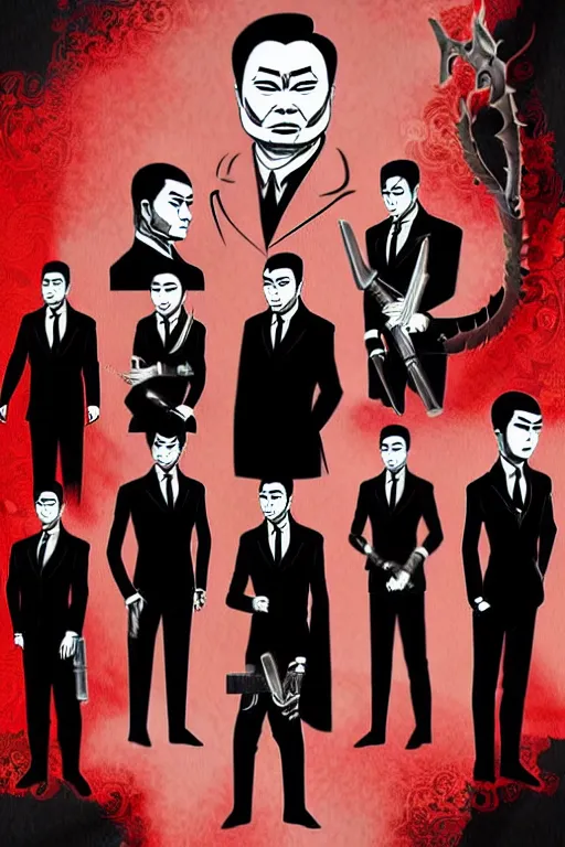 Image similar to chinnese mafia, with black suit and red tissue, some of leader have dragon tatto. digital art, concept art, pop art, bioshock art style, accurate, detailed, gta chinatown art style, dynamic, face features, body features, proportional, ultra realistic, smooth, sharp focus, art by richard hamilton and mimmo rottela