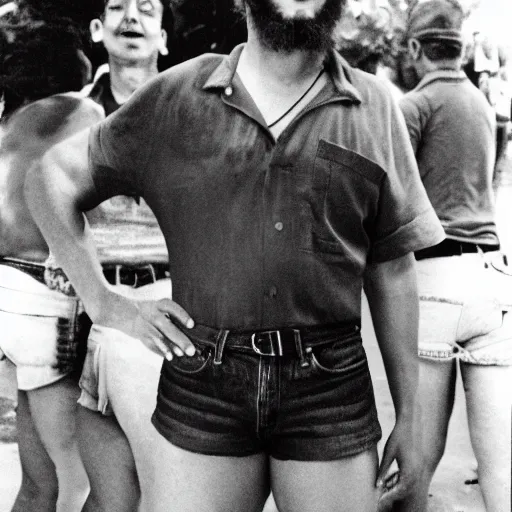 Image similar to fidel castro posing while wearing denim shorts, full body portrait, 3 5 mm film, by nan goldin