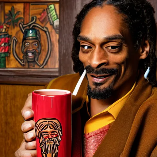Image similar to a closeup photorealistic photograph of happy stoned blunt smoking snoop dogg at trader vic's bar holding up a trader vic's style tiki mug featuring snoop dogg's face. tiki culture. lit scene. 4 k hd image that's trending on artstation, featured on behance, well rendered, extra crisp, features epic composition and the style of unreal engine.
