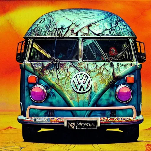 Prompt: realistic detailed image of a VW surf bus by Ayami Kojima, Amano, Karol Bak, Greg Hildebrandt, and Mark Brooks, Neo-Gothic, gothic, rich deep colors. Beksinski painting, part by Adrian Ghenie and Gerhard Richter. art by Takato Yamamoto. masterpiece