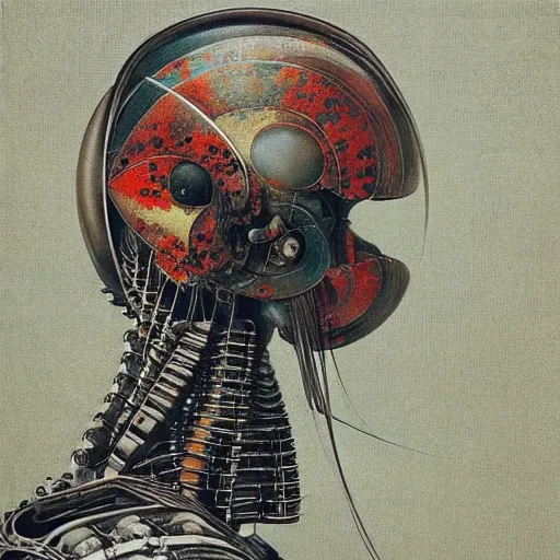 Image similar to “ a simple sci - fi concept art portrait of a sleek robot design, a highly detailed yoshitaka amano painting, by adrian ghenie and gerhard richter. art by takato yamamoto. masterpiece, deep colours. ”