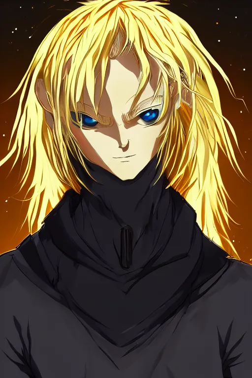 Image similar to golden glowing luminescent male anime character, blonde hair, rich eyes, symmetrical, highly detailed, digital art, sharp focus, trending on art station, afro hair, electricity everywhere