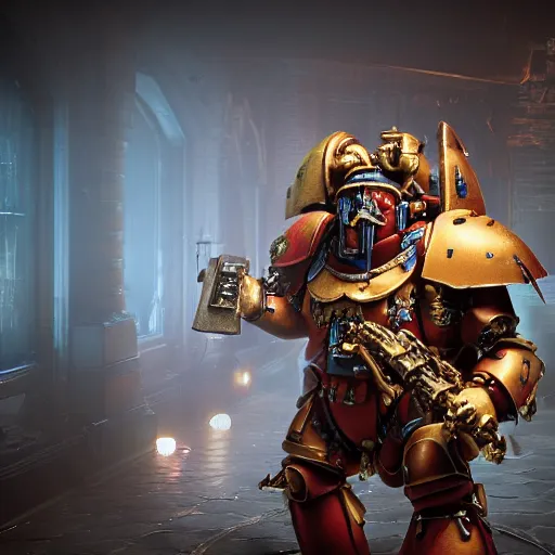 Image similar to very sad crying guardsman in a space hulk from warhammer 4 0 k darktide : : octane render, unreal engine 5, cinematic lighting