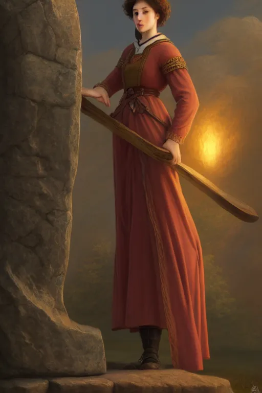 Prompt: a portrait of a tourist standing next to a large runestone, illustration, soft lighting, soft details, painting oil on canvas by Edmund Blair Leighton and Charlie Bowater trending on artstation d&d characters, 4k, 8k, HD