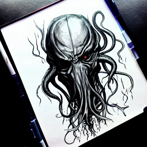 Prompt: cthulhu with a human body spreads insanity. fear inspiring mood. portrait. by Agnes Cecile but in copic markers and black ink. on a parchment which lies on a desk.
