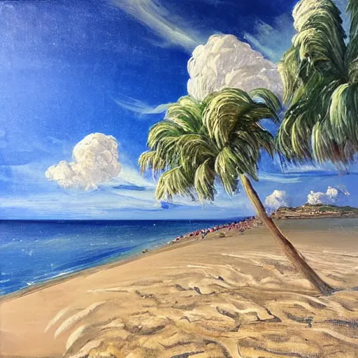 Prompt: oil paint impasto reliefs, italian beach scene with palms, super realistic, influenced by constables cloud studies, painted with expressive paint and fluffy cumulus clouds,