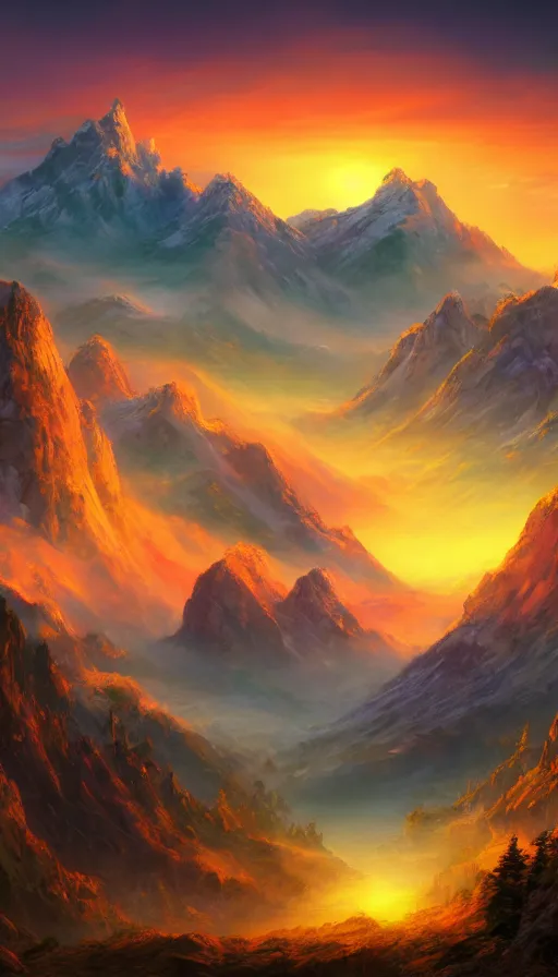 Prompt: enormously detailed hd photo of colorful sunset on mountains, atmospheric lighting, highly quality detailed fantasy painting, 8K detail post-processing