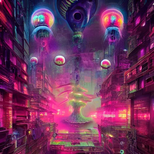 Prompt: a dark post psychedelic poster of Cosmic jellyfish in a cyberpunk city, neon eyeballs, highly detailed illustrated poster, by Daniel Merriam and Peter Mohrbacher, HD, octane render, 8K