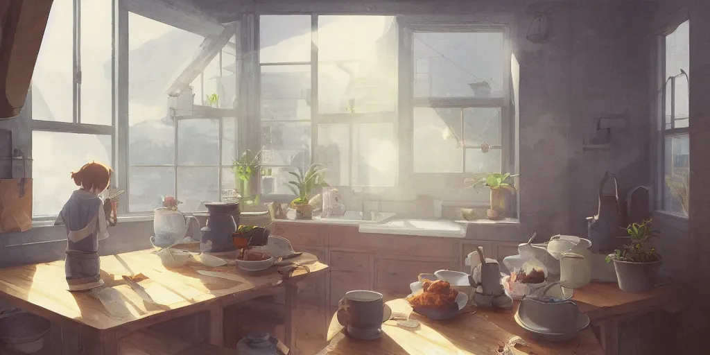 Image similar to interior design art, isometric, bright window lit kitchen, morning, steaming food on the stove, wooden floors, houseplants, ghosts, cottage decor, anime, trending on pixiv fanbox, painted by greg rutkowski makoto shinkai takashi takeuchi studio ghibli, akihiko yoshida