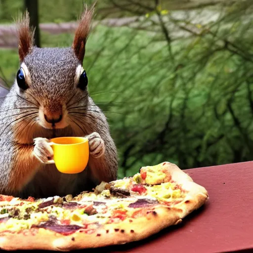 Image similar to Rocky the Squirrel having tea with pizza.