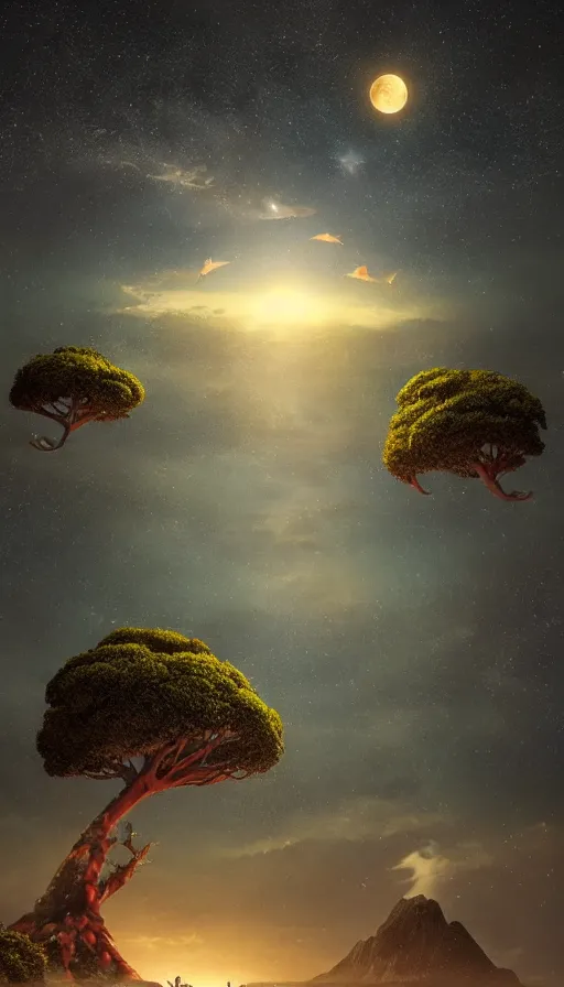 Image similar to big koi fish swimming in the sky over moonlit socotra island with dragon trees, starry night, sharp focus, wide shot, trending on artstation, masterpiece, by greg rutkowski, by ross tran, by fenghua zhong, octane, soft render, ultrarealistic, colorful, cinematic, midsommar