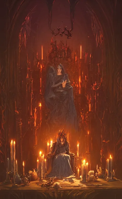 Prompt: An evil queen sits on her throne, candles light the darkened room, goblins surround the throne worshipping her, fantasy, highly detailed, digital painting, artstation, concept art, illustration, art by Greg Rutkowski and Marc Simonetti