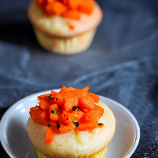 Prompt: A beef stew cupcake with a side of freshly shaved carrot and caviar, high definition photography, 8k, food photography