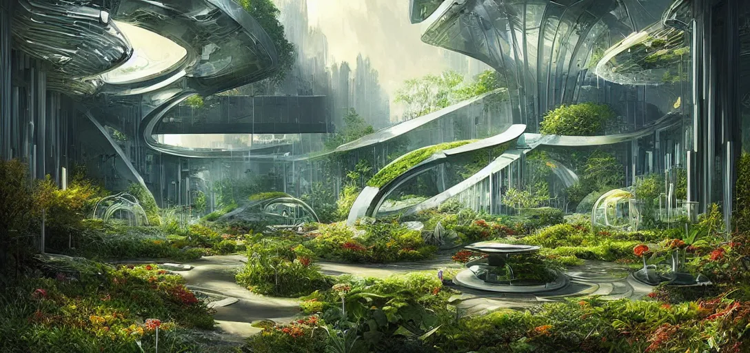 Image similar to a futuristic solarpunk garden, designed by jørn utzon, sci - fi, digital art by paul chadeisson