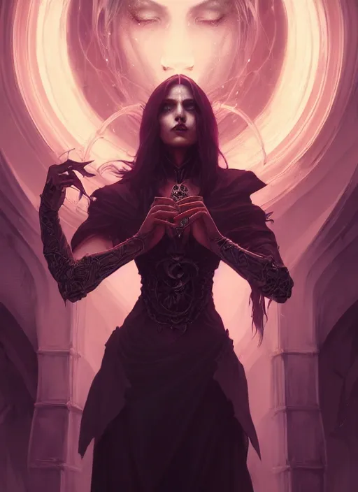 Image similar to Necromancer Sorceress, fantasy magic, undercut hairstyle, dark light night, intricate, elegant, sharp focus, illustration, highly detailed, digital painting, concept art, matte, art by WLOP and Artgerm and Greg Rutkowski and Alphonse Mucha, masterpiece