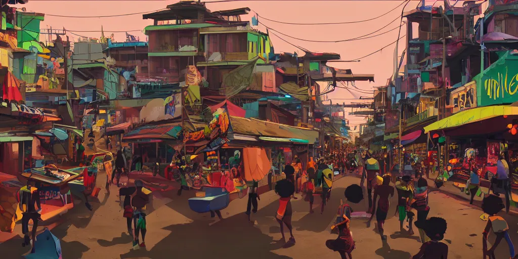 Prompt: a still from a gorillaz music video, a market in busy futuristic street in favela city, dramatic lighting, vibrant, 2 d game environment design, behance favourite, global illumination, bloom,