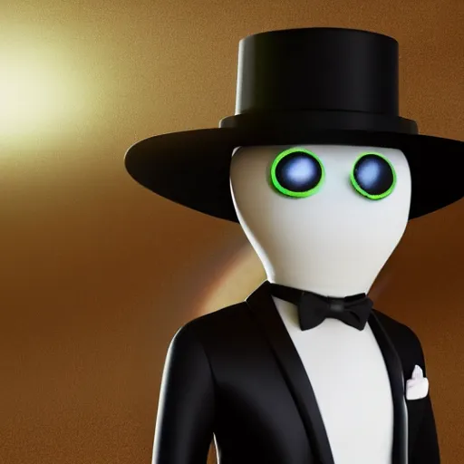 Image similar to an alien wearing a tuxedo and a bowler hat, in a city, photorealistic