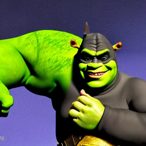 Image similar to shrek as batman, highly detailed, extremely high quality, hd, 4 k, 8 k, canon 3 0 0 mm, professional photographer, 4 0 mp, lifelike, top - rated, award winning, realistic, detailed lighting, detailed shadows, sharp, no blur, edited, corrected, trending