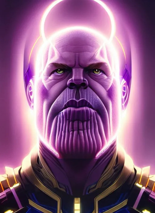 Prompt: symmetry portrait of thanos, sci - fi, tech wear, glowing lights intricate, elegant, highly detailed, digital painting, artstation, concept art, smooth, sharp focus, illustration, art by artgerm and greg rutkowski and alphonse mucha