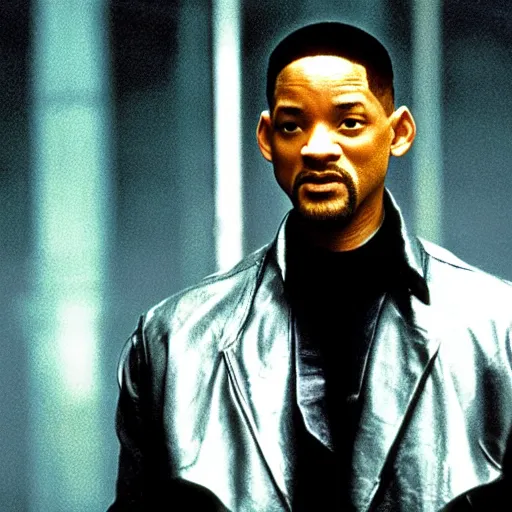 Prompt: film still of Will Smith as Neo in The Matrix