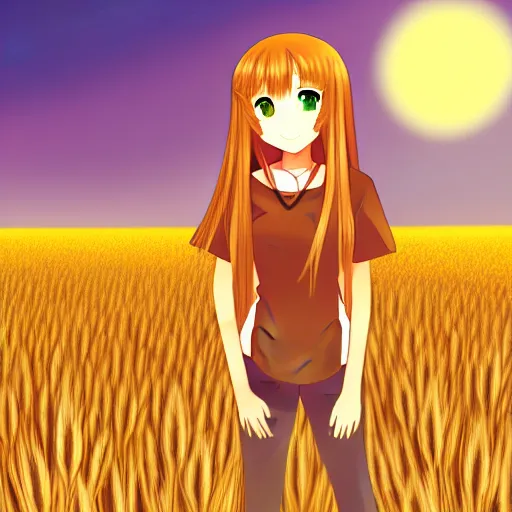 Image similar to digital illustration of Holo from Spice and Wolf standing in a wheat field at sunset, Holo is a wolf girl, high detail, trending on pixiv