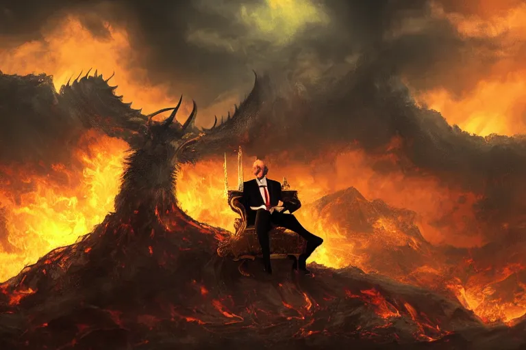 Image similar to A Male Devil sits on a throne and wears a black tuxedo , hell, landscape, fire, environment, Artstation