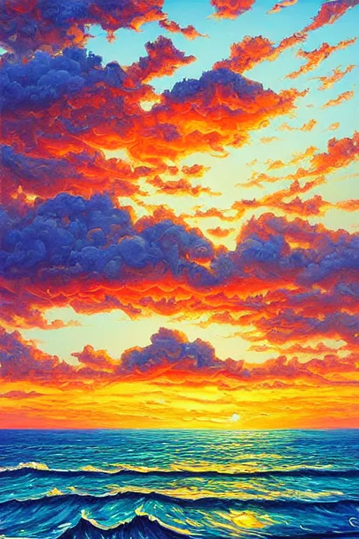 Image similar to beautiful oil painting ocean sky sunset, painted by jeremiah ketner and James Gurney