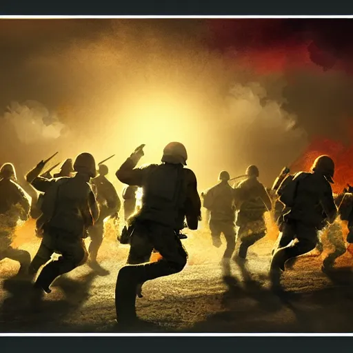 Image similar to bloody war scene, explosions, soldiers running, fog, sun beams, no text, painting style