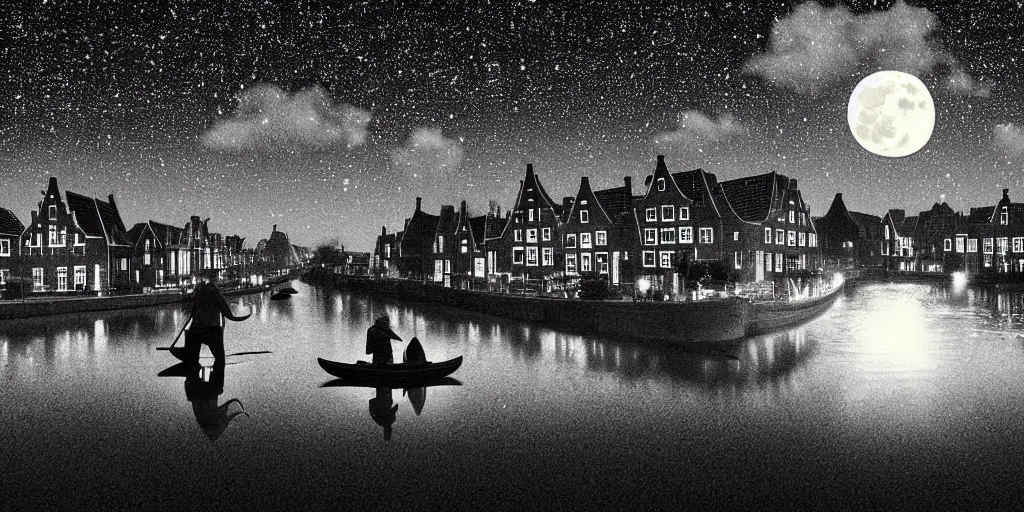 Prompt: Dutch houses along a river, silhouette!!!, Circular white full moon, black sky with stars, lit windows, stars in the sky, b&w!, Reflections on the river, a man is punting, flat!!, Front profile!!!!, high contrast, HDR, soft, street lanterns, 1904, illustration