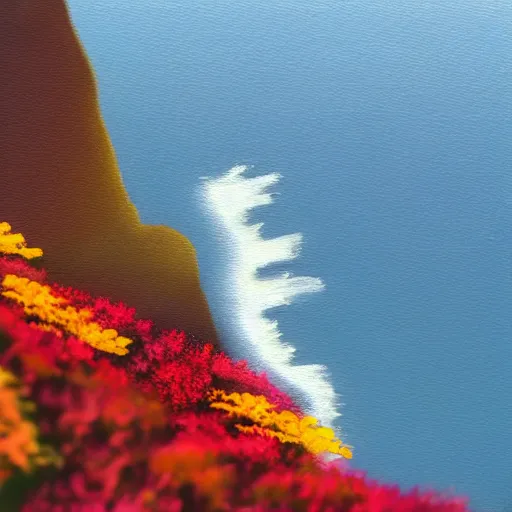 Prompt: flower on the edge of a cliff, cliff edge, colorful flower, sunset, muted color palette, concept art, high detail, dramatic angle