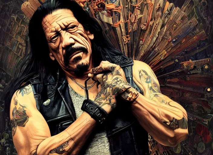 Prompt: portrait of danny trejo exploring a haunted house, long black hair, leather vest and jeans, kyoto animation still, finely illustrated face, intricately detailed features, digital painting, makoto shinkai, painted by ilya kuvshinov and katsura masakazu and alphonse mucha and satoshi kon