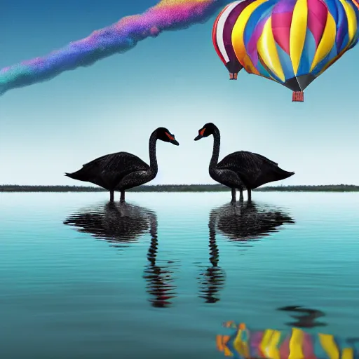 Image similar to photo of two black swans touching heads in a beautiful reflective mountain lake, a colorful hot air balloon is flying above reflecting off water, hot air balloon, intricate, 8k highly professionally detailed, centered, HDR, CGsociety