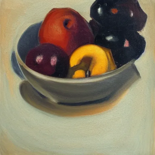 Prompt: A close-up of a bowl of fruit, oil painting, chiaroscuro