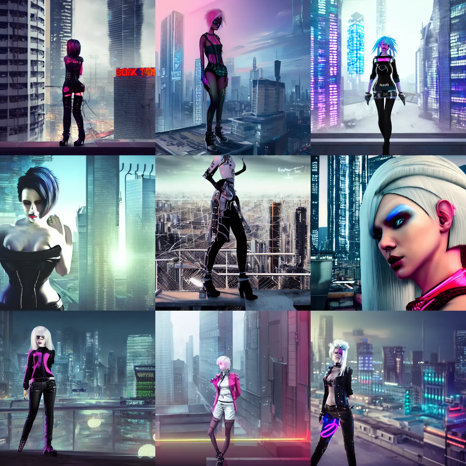 Prompt: high quality 3D render of a woman in a punk outfit, with short bobbed white hair, grey eyes, pale skin, neon cybernetics, standing on a skyscraper rooftop, overlooking a cyberpunk city. The woman is sad. Octane. Trending on art station. Concept art. Digital painting. Sci-Fi setting.