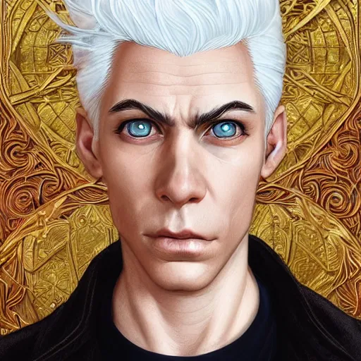 Prompt: man with white hair profile, dark circles, tired, unreal engine, Disney, intricate, elegant, highly detailed, digital art, art by JC Leyendecker and sachin teng