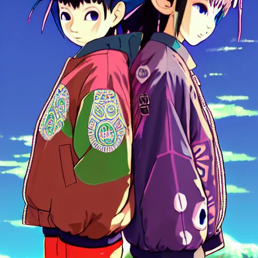 Image similar to majora majora's mask wearing oversized mayan bomber jacket with overalls, bulky poofy bomber jacket with mayan patterns, aztec street fashion, genshin impact art style, gapmoe yandere grimdark, trending on pixiv fanbox, painted by greg rutkowski makoto shinkai takashi takeuchi studio ghibli, akihiko yoshida