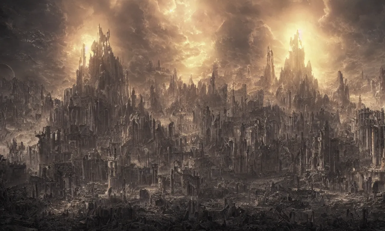 Prompt: the demonic ruins of the fallen city of light