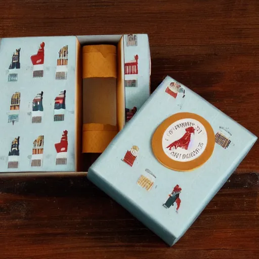 Image similar to vintage craft paper gift box for men, old school, wes anderson style, sealed with old wax