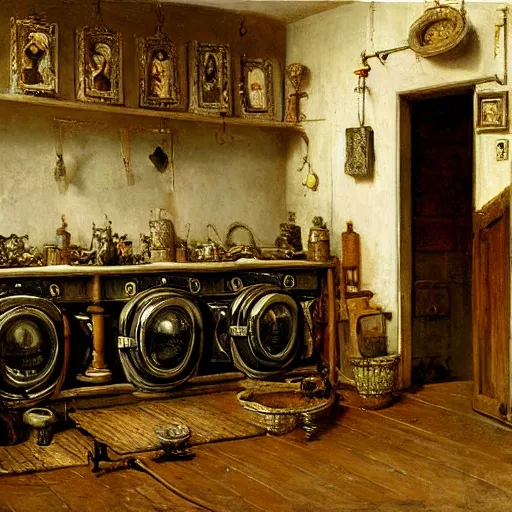 Image similar to detailed painting of a laundry room, filigree ornaments, andreas achenbach,