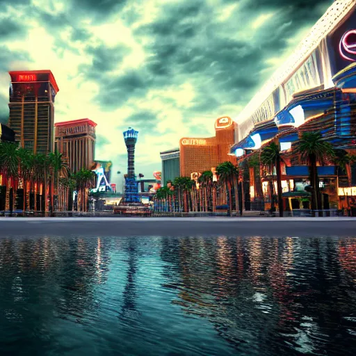 Image similar to las vegas strip being flooded end of the world 3 d studiomax, maya 3 d, unrealengine, 4 k, 8 k, hdr, extreme render, mind - bending reality, hyper detailed, wide angle ultra - vivid, photo - realistic nikon 3 5 mm, photograph