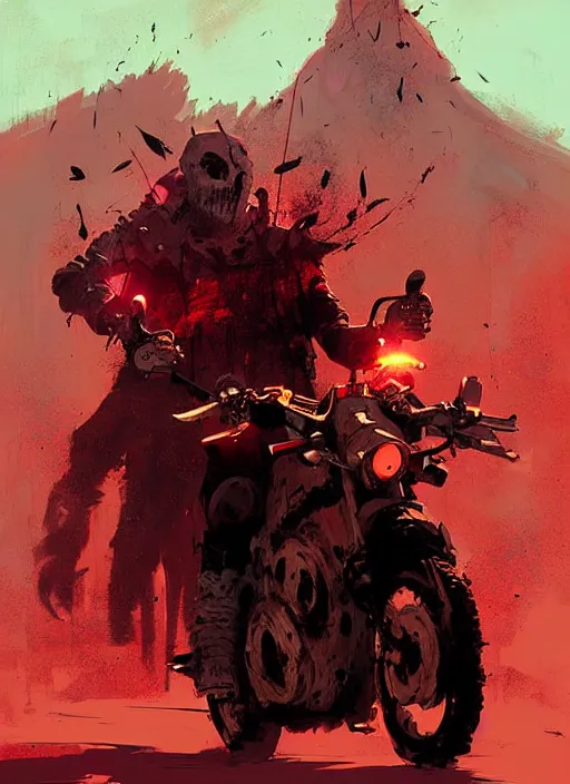 Image similar to horror art, motorbikers fight in hell, red peaks in the background, art by ismail inceoglu