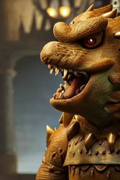 Image similar to very very intricate photorealistic photo of bowser in an episode of game of thrones, photo is in focus with detailed atmospheric lighting, award - winning details