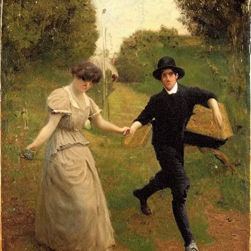 Image similar to young victorian man and woman traversing a maze, painted by alfred stevens