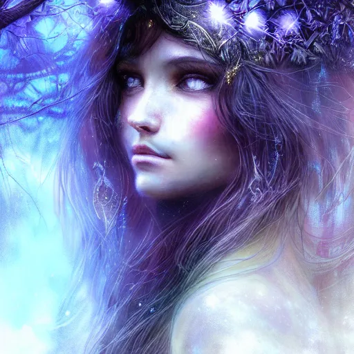 Image similar to masterpiece digital painting realistic portrait of beautiful forest goddess, 3 0 years woman, close face view, soft face, moonlight, elf forest background, at night, by luis royo, artstation, deviantart, unreal engine,, cinematic lights, dark blue purple tones, aura effects, light sparks