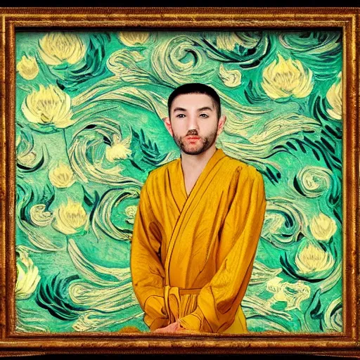 Image similar to an artistic portrait of armond of the white lotus, high quality, studio photography, colorful, hero, heroic, beautiful, in the style of vincent van gogh