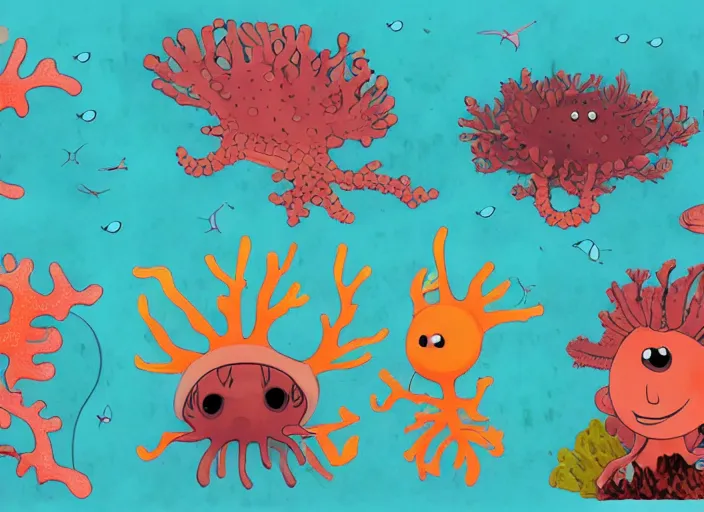 Prompt: coral - inspired professional character designs for undersea television series coral days