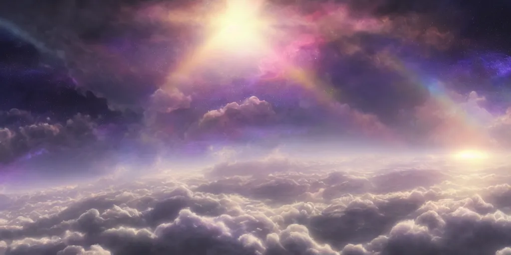 Image similar to Cosmic inflation bubbles peaking through the clouds, ascended master floating in the center emitting rays of consciousness concept art, matte painting, 8k, highly detailed, artstation, fluffy clouds, high quality,