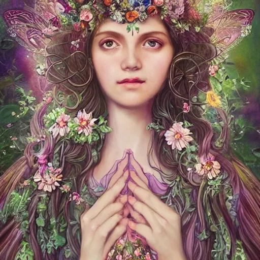 Image similar to Beautiful garden witch goddess, ornate fairy crown, california girl, wearing a flowing dress, lots of flowers, symmetrical face, art nouveau, portrait, cute, playful, fairy, harper's bazaar, pearlescent, sacred geometry, detailed background, featured on artstation, by Daniel Gerhartz, by ross tran, bright pastel colors, face by artgerm, by Kelly McKernan, by Charlie Bowater, by Laura rubin, 8k